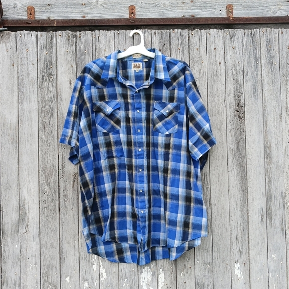 Vtg Ely Cattleman Pearl Snap 3XL Big Man Blue Black Check Short Sleeve Plaid - Picture 1 of 6